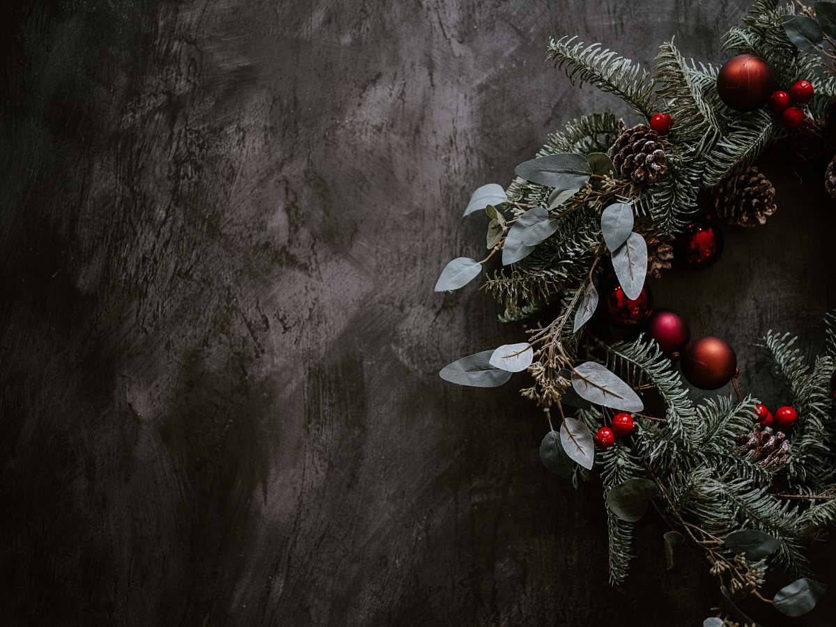ornament green Christmas wreath with red decors plant